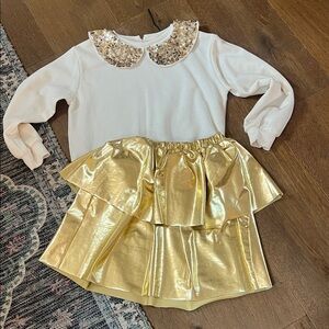Girl’s Gold Holiday Outfit Set Sequined Peter Pan Collar Top + Metallic Skirt